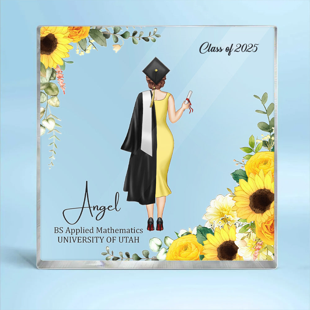 Custom Girl Name With Flowers Square Acrylic Block Graduation Keepsake, Graduation Gift