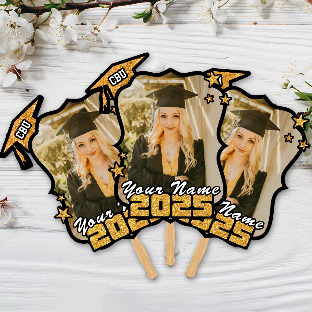 Custom Photo Graduation Cap With Stars 2025 Face Fans With Wooden Handle, Gift For Graduation Party