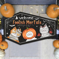 Thumbnail for Personalized Coffin Shaped Doormat - Halloween Gift For Cat Lovers - Welcome Foolish Mortals AB
