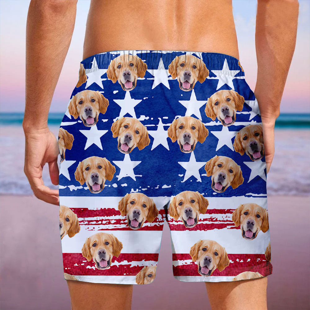 Custom Funny Face Photo American Flag Men's Beach Shorts, Gift For