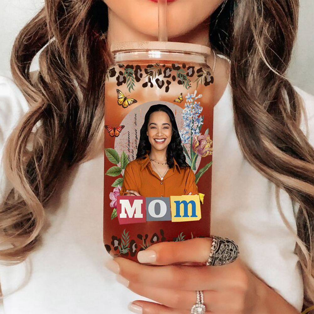 Personalized Glass Bottle/Frosted Bottle With Lid & Straw - Gift For Mother - Vintage Flower Mother Photo FC