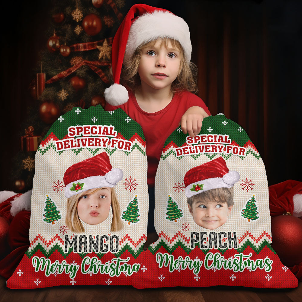 Personalized Santa Sack - Christmas Gift For Family - Ugly Sweater Pattern Face Photo AB