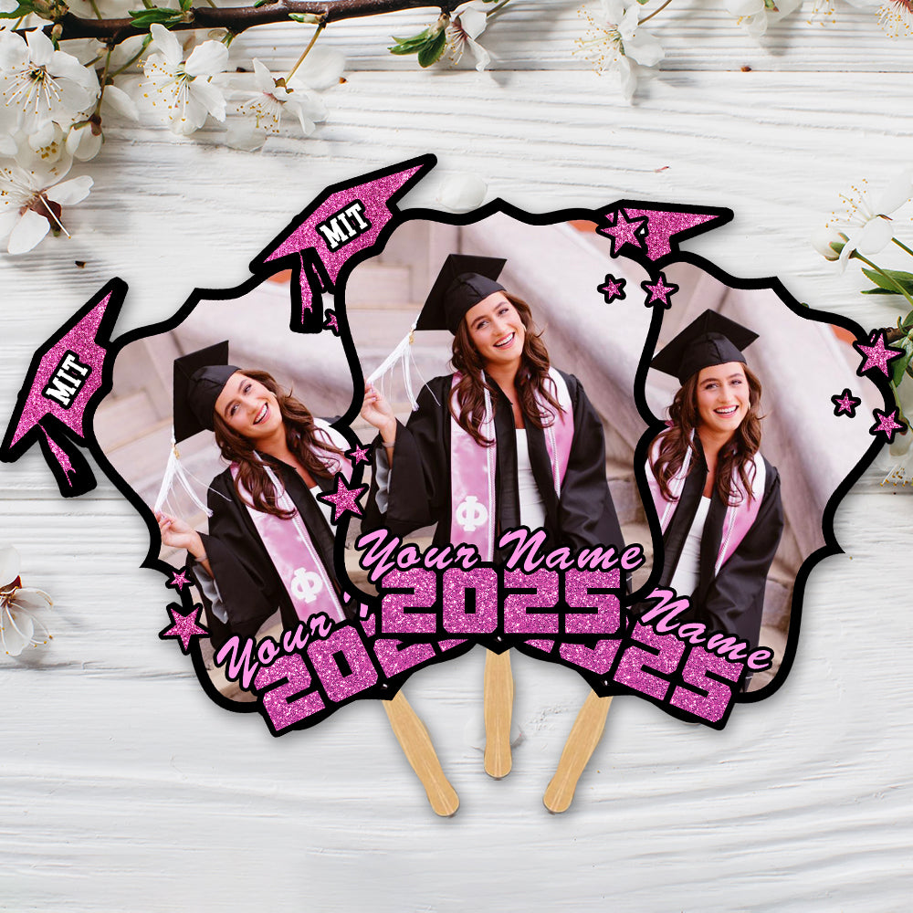 Custom Photo Graduation Cap With Stars 2025 Face Fans With Wooden Handle, Gift For Graduation Party