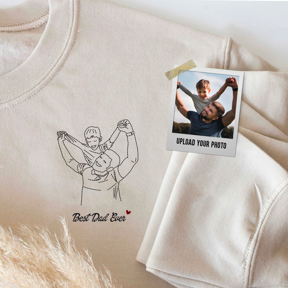 Personalized Embroidered T-shirt, Sweater, Hoodie - Father's Day Gift - Best Dad Ever Line Drawing Photo CustomCat