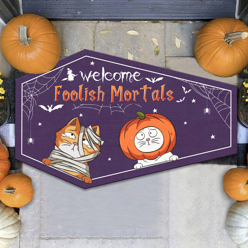 Personalized Coffin Shaped Doormat - Halloween Gift For Cat Lovers - Welcome Foolish Mortals AB