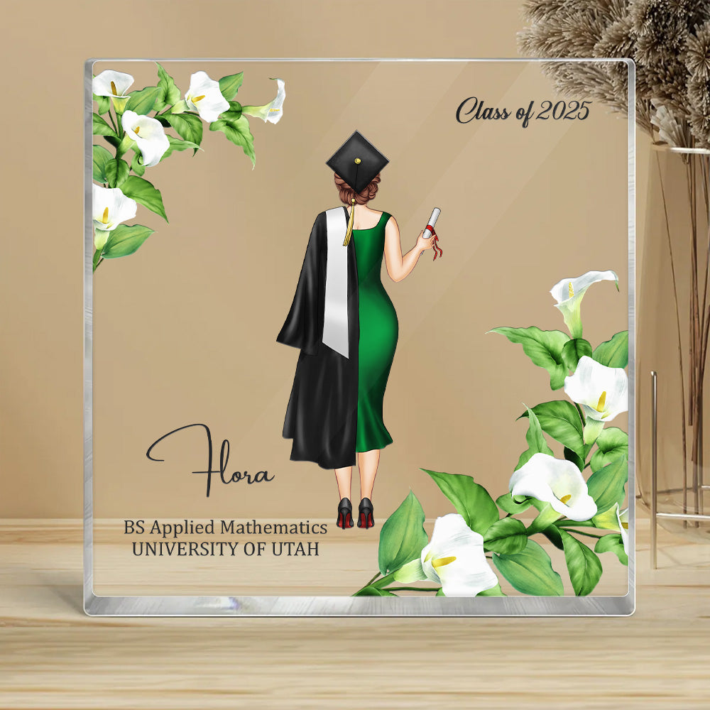 Custom Girl Name With Flowers Square Acrylic Block Graduation Keepsake, Graduation Gift