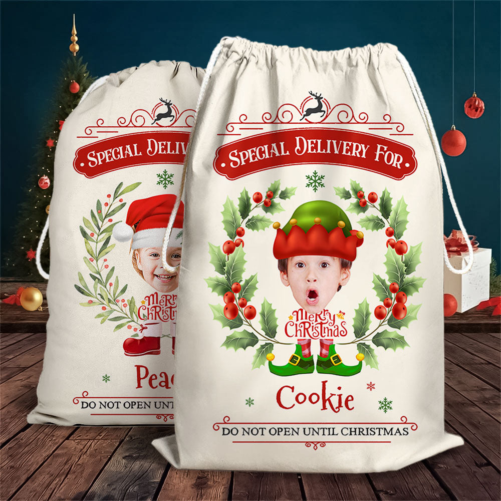 Personalized Santa Sack - Christmas Gift For Family - Holly Christmas Costume Face Photo AB
