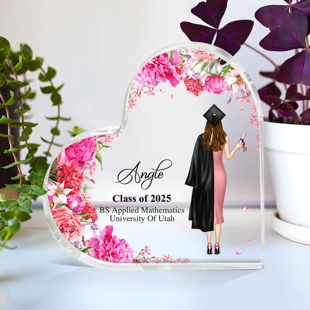 Custom Girl With Flowers Graduation Heart Shaped Acrylic Plaque, Graduation Gift FC