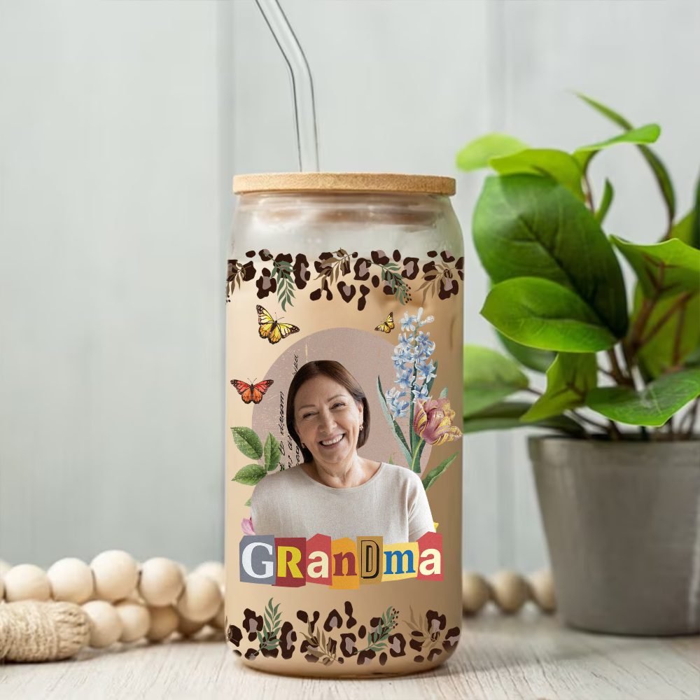 Personalized Glass Bottle/Frosted Bottle With Lid & Straw - Gift For Mother - Vintage Flower Mother Photo FC