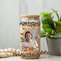 Thumbnail for Personalized Glass Bottle/Frosted Bottle With Lid & Straw - Gift For Mother - Vintage Flower Mother Photo FC