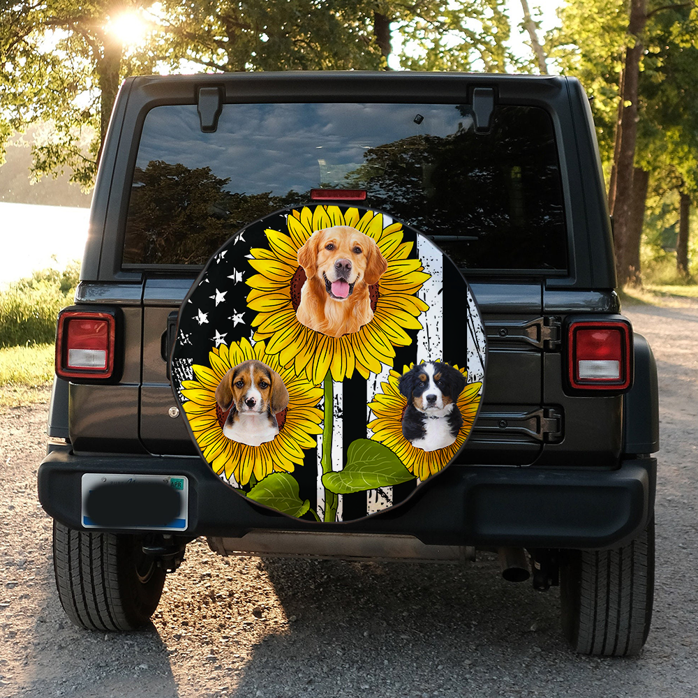 Personalize Pet Photo American Flag Sunflower Spare Tire Cover, Gift For Dog Cat Lovers JonxiFon