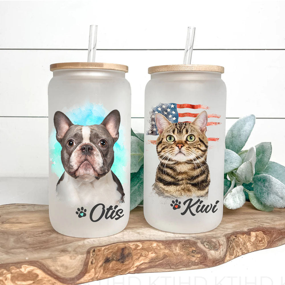Custom Dog Cat Photo Portraits With Paws Glass Bottle/Frosted Bottle With Lid & Straw, Pet Lover Gift AF