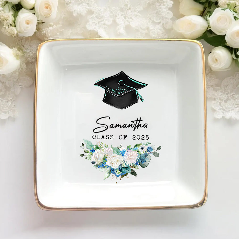 Custom Name With Floral Class of 2025 Graduation Jewelry Ring Dish, Graduation Gift