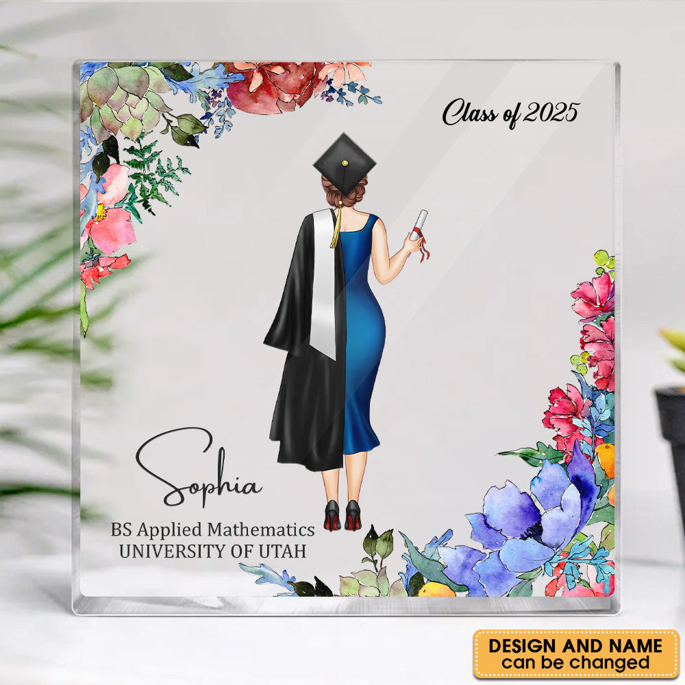 Custom Girl Name With Flowers Square Acrylic Block Graduation Keepsake, Graduation Gift