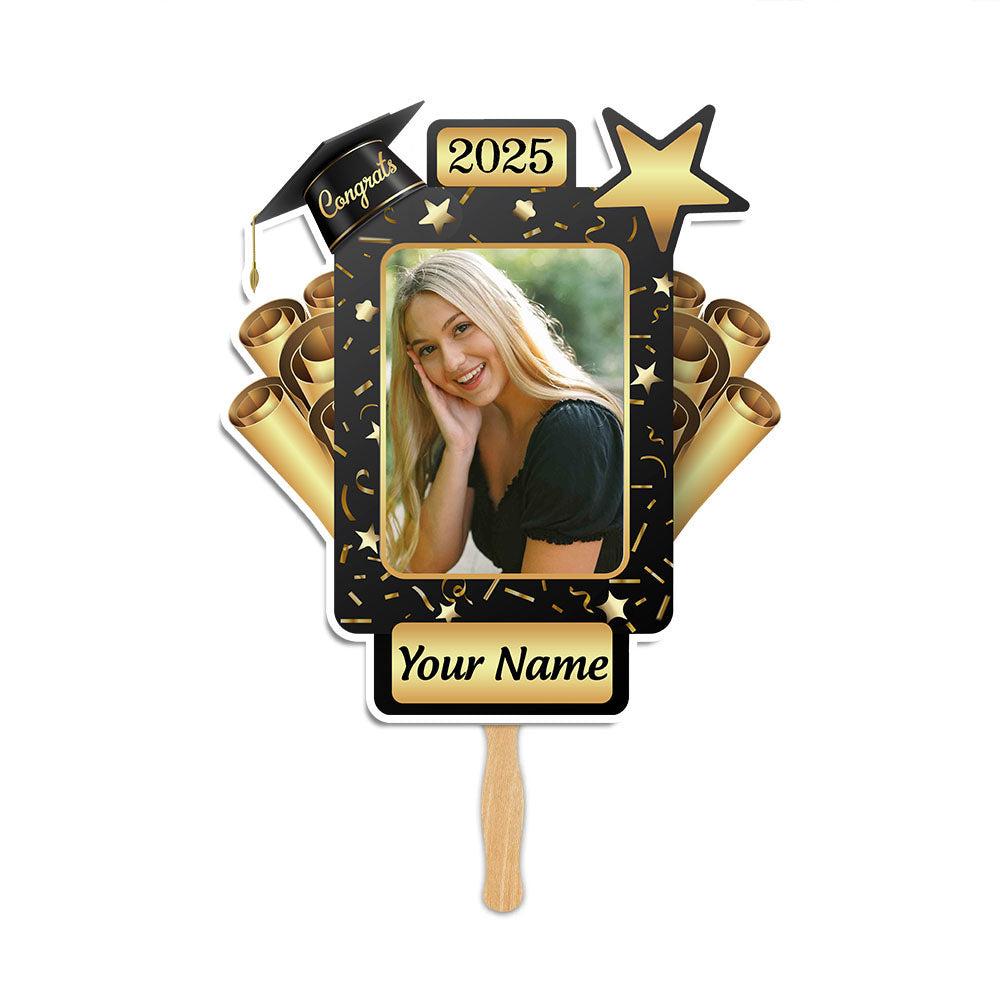 Custom Certificate & Star Photo Graduation Face Fans With Wooden Handle, Gift For Graduation Party