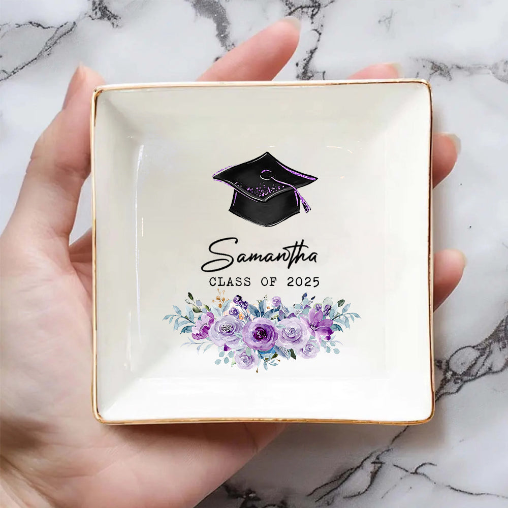 Custom Name With Floral Class of 2025 Graduation Jewelry Ring Dish, Graduation Gift