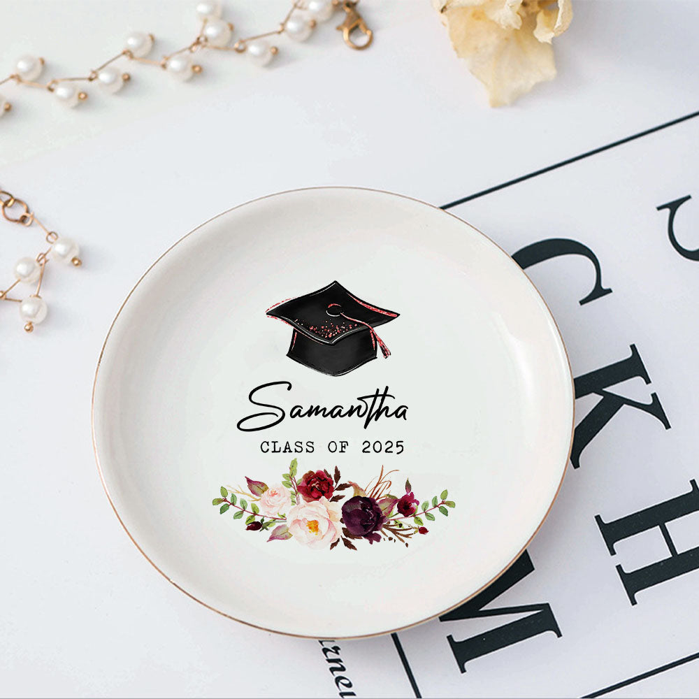 Custom Floral With Name Class of 2025 Graduation Round Jewelry Ring Dish, Jewelry Tray, Graduation Gift