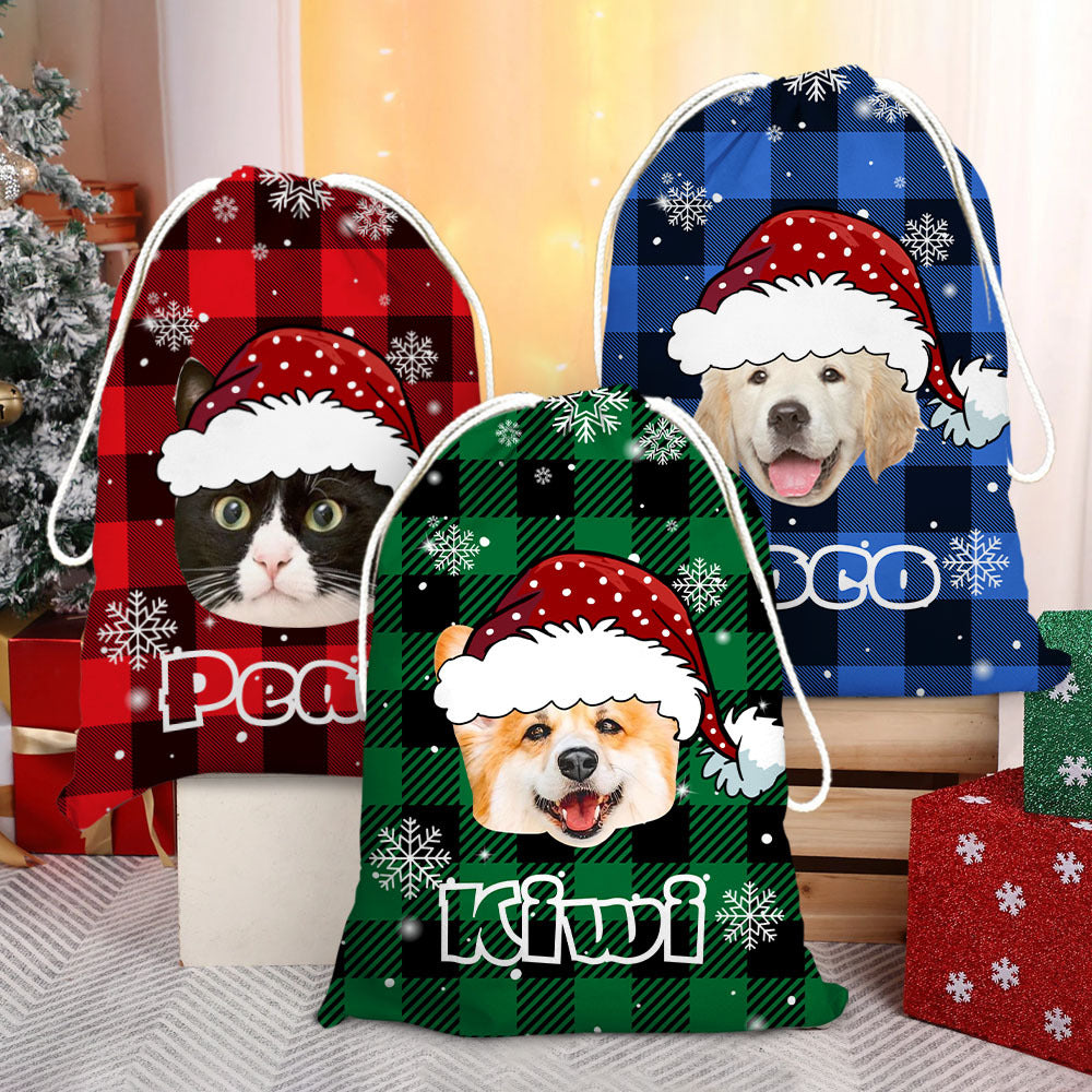 Personalized Santa Sack - Christmas Gift For Pet Lovers - Plaid Pattern Face Photo AB