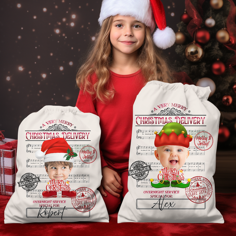 Personalized Santa Sack - Christmas Gift For Family - Face Photo Jingle Bell Song AB