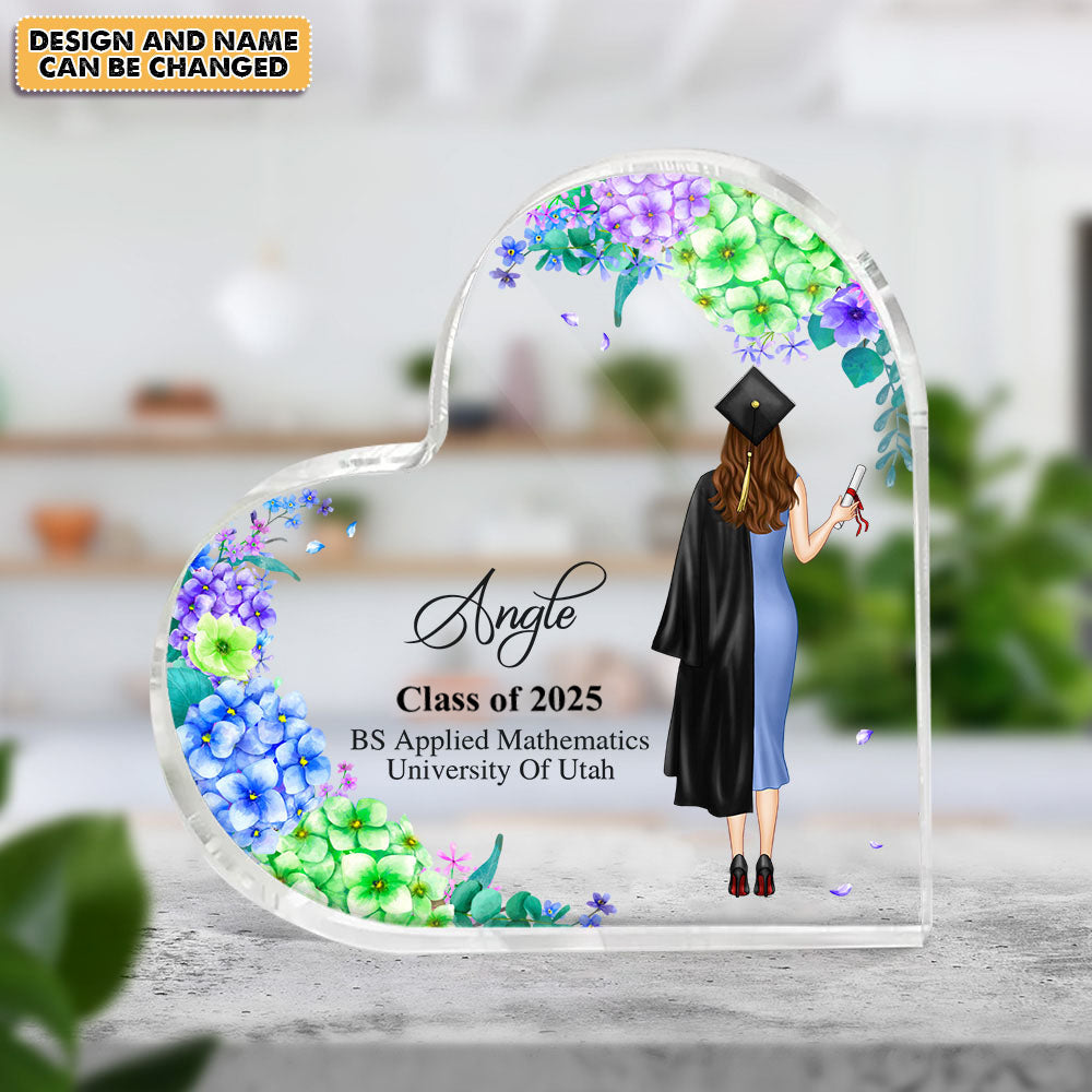 Custom Girl With Flowers Graduation Heart Shaped Acrylic Plaque, Graduation Gift FC