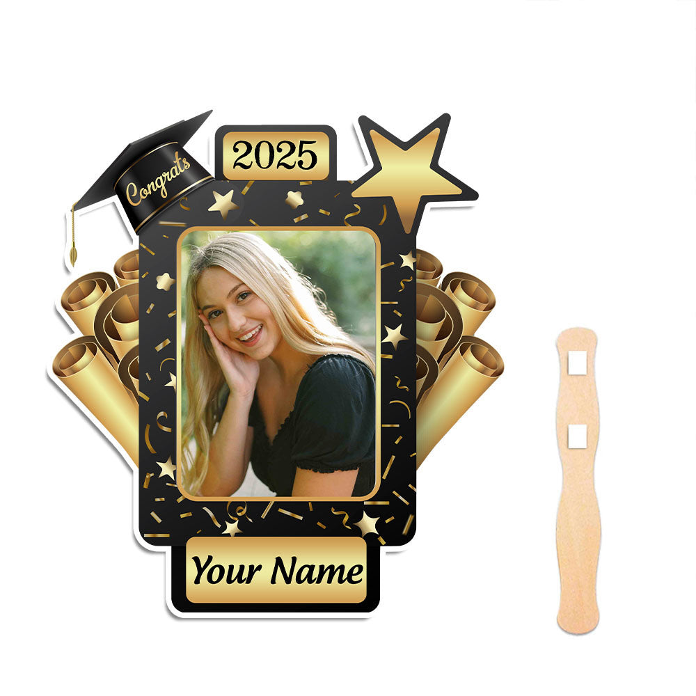 Custom Certificate & Star Photo Graduation Face Fans With Wooden Handle, Gift For Graduation Party