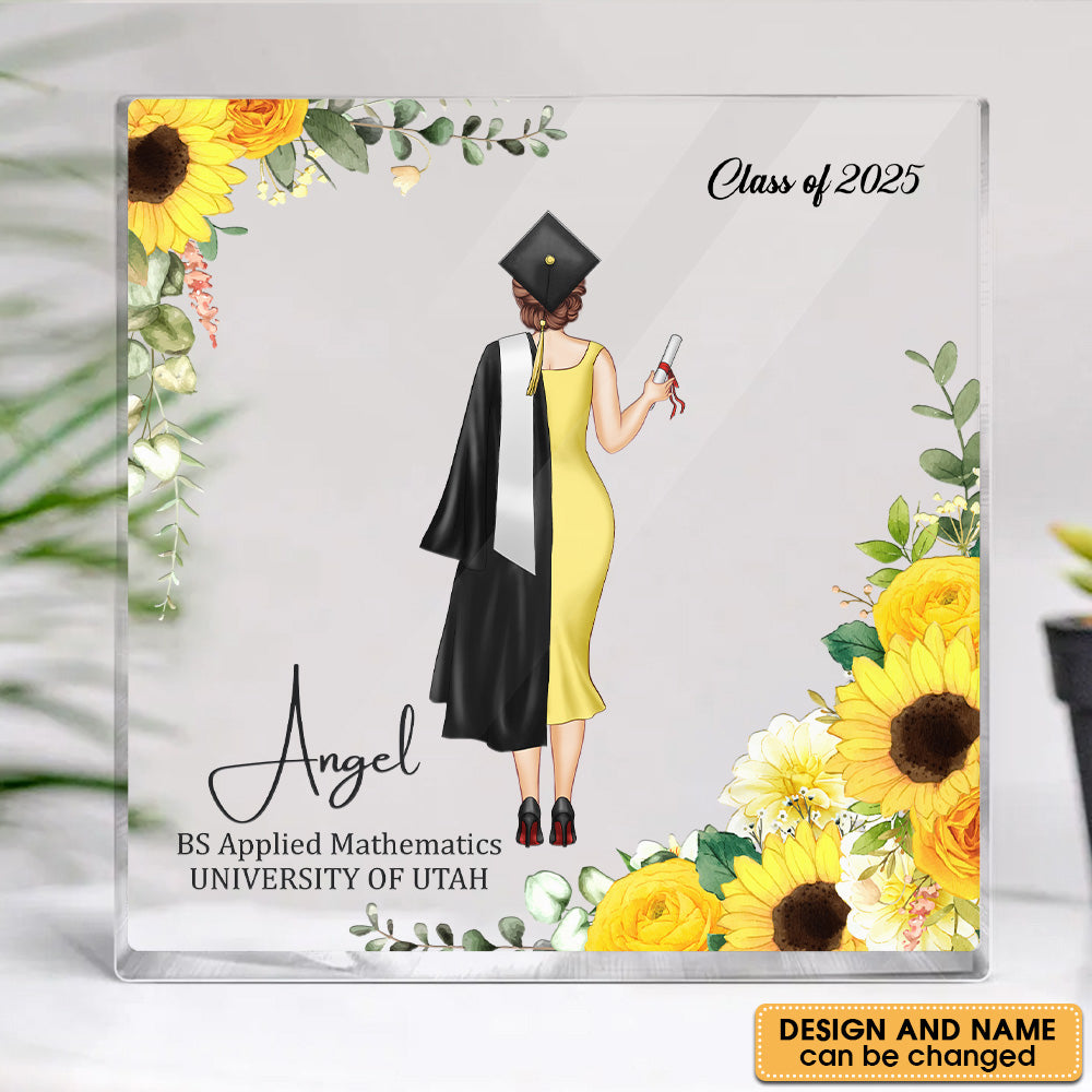 Custom Girl Name With Flowers Square Acrylic Block Graduation Keepsake, Graduation Gift