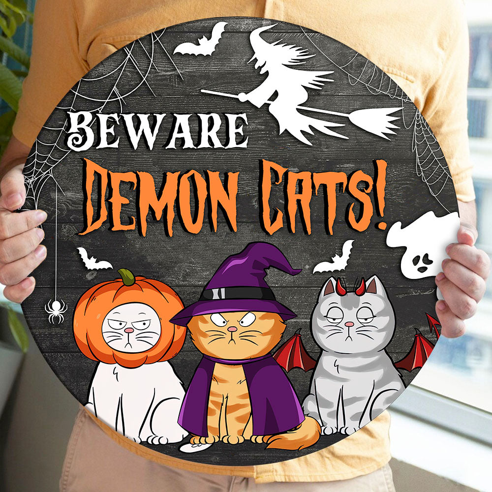 Custom Beware Demon Cat Round Door Sign, Halloween Decorations AE