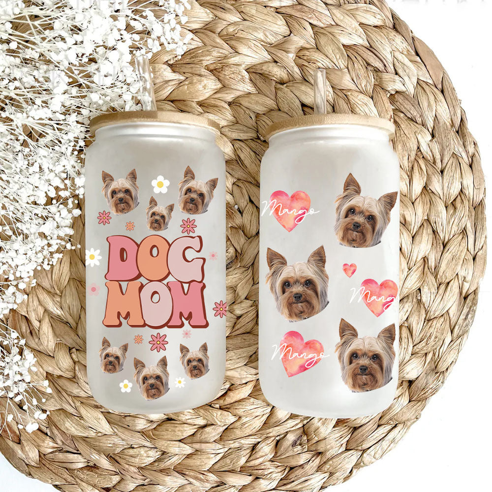 Custom Dog Mom Cat Mom Photo Glass Bottle/Frosted Bottle With Lid & Straw, Pet Lover Gift AF