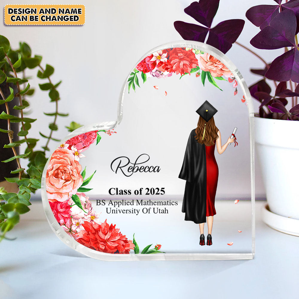 Custom Girl With Flowers Graduation Heart Shaped Acrylic Plaque, Graduation Gift FC