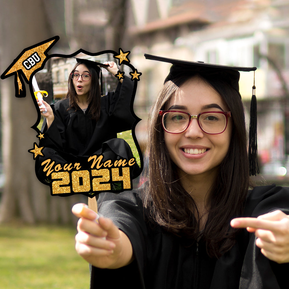 Custom Photo Graduation Cap With Stars 2024 Face Fans With Wooden Handle, Gift For Graduation Party FC
