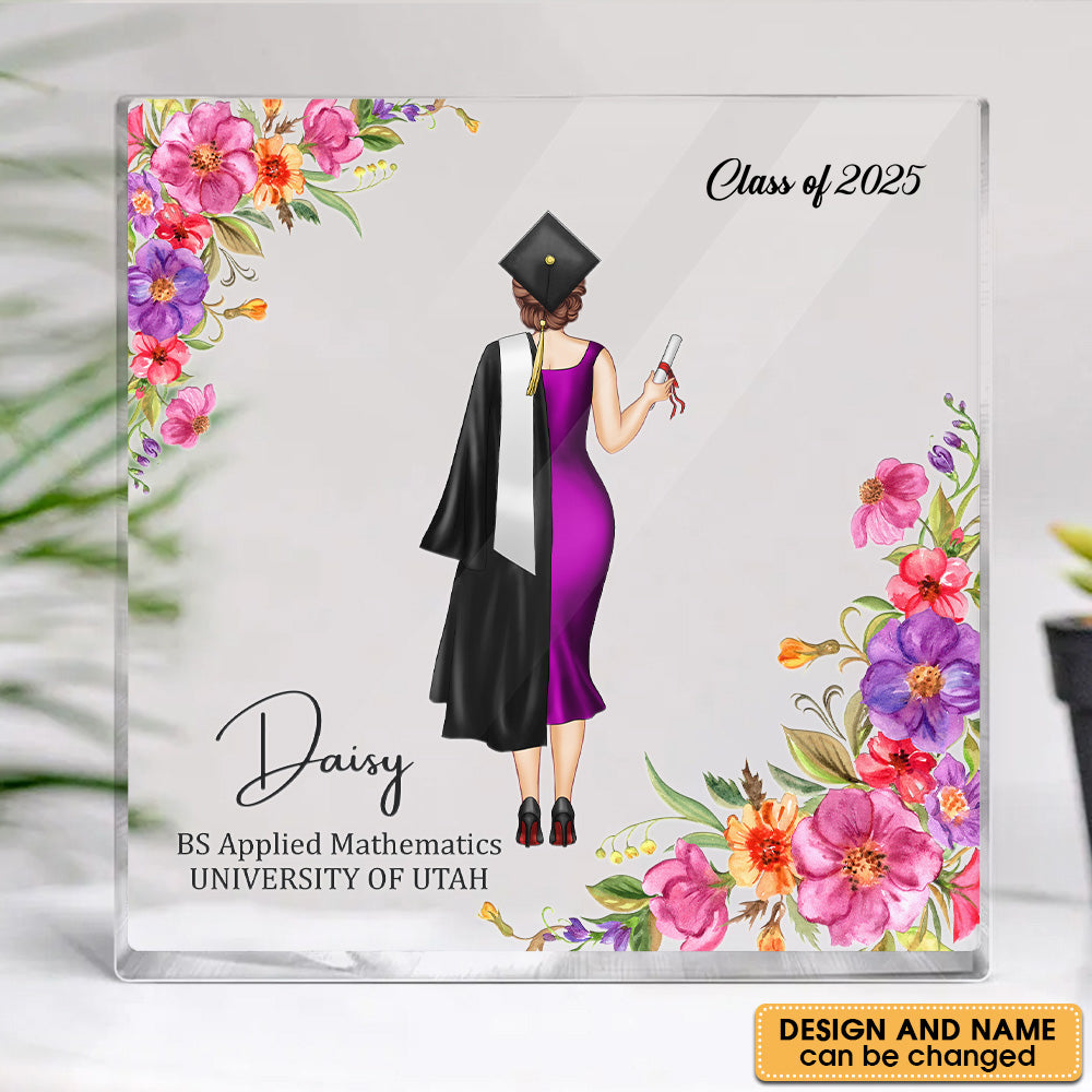 Custom Girl Name With Flowers Square Acrylic Block Graduation Keepsake, Graduation Gift