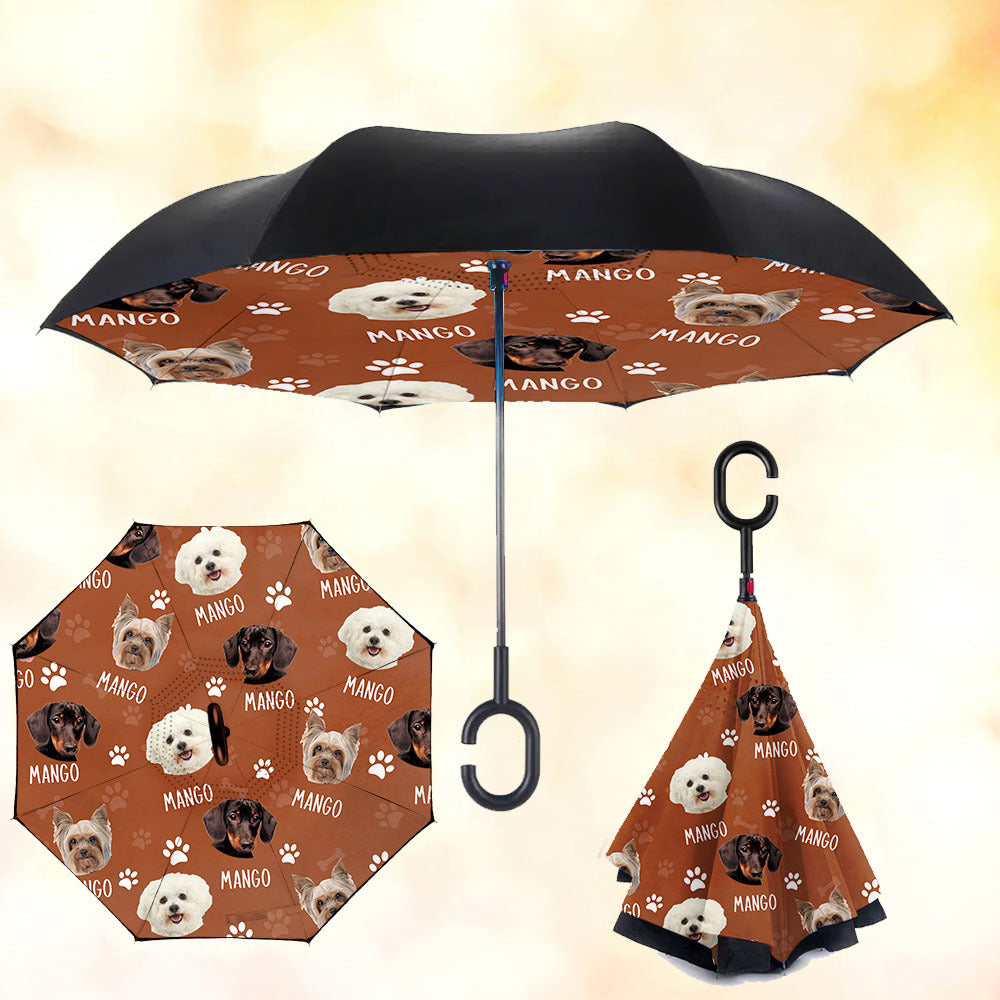 Custom Dog Cat Photo With Name Windproof Reverse Upside Down C-Handle Double Layer Umbrella, Pet Lover Gift JonxiFon