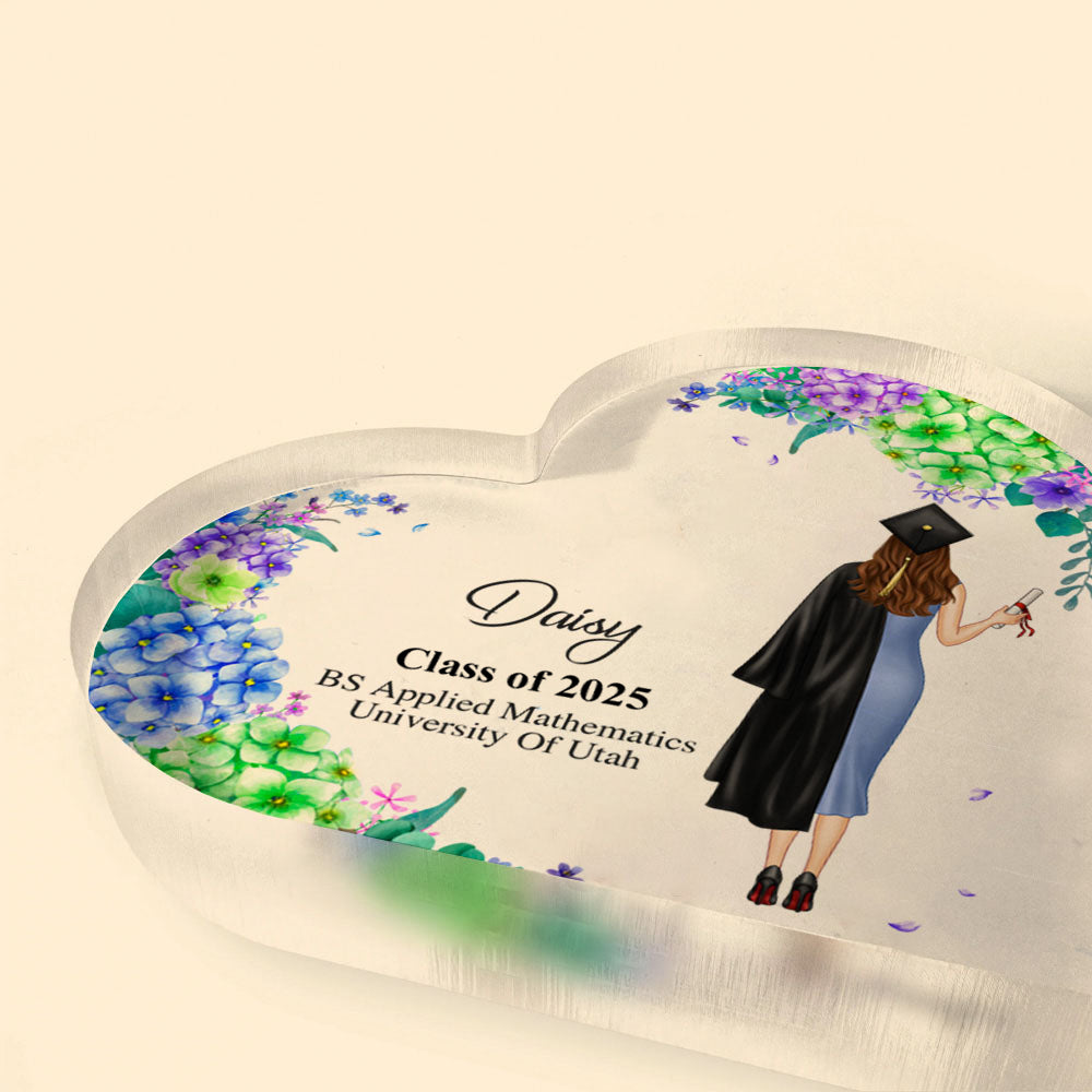 Custom Girl With Flowers Graduation Heart Shaped Acrylic Plaque, Graduation Gift FC