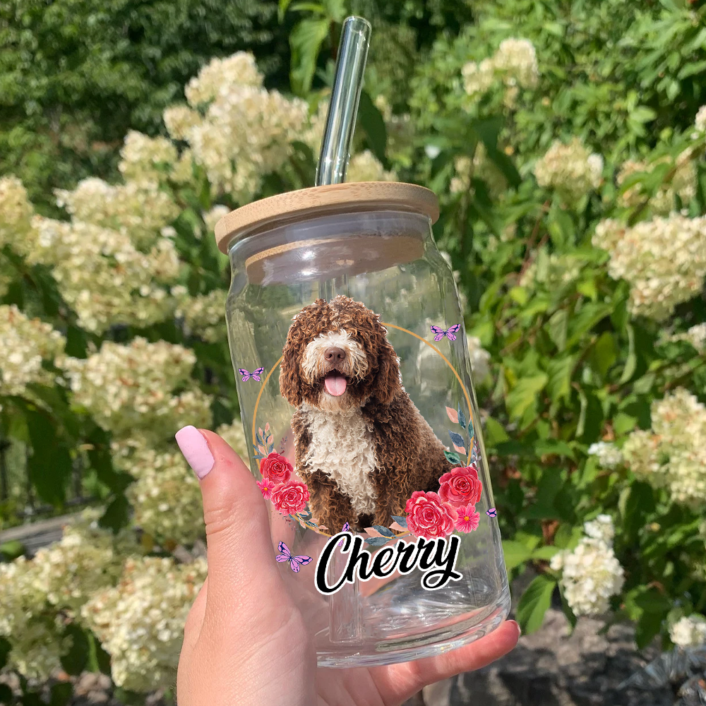 Personalized Multicolor Floral Butterfly Dog Cat Photo Glass Bottle/Frosted Bottle With Lid & Straw AF