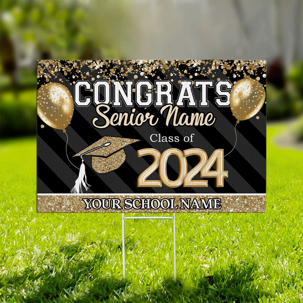 Custom Congrats 2024 Senior Colorfull Glitter Balloon Yard Sign, Decoration Graduation Gift