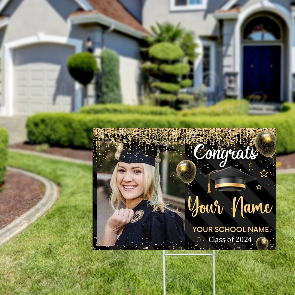 Custom Photo Congratulations Black & Gold Graduation Lawn Sign, Graduation Decorations AN