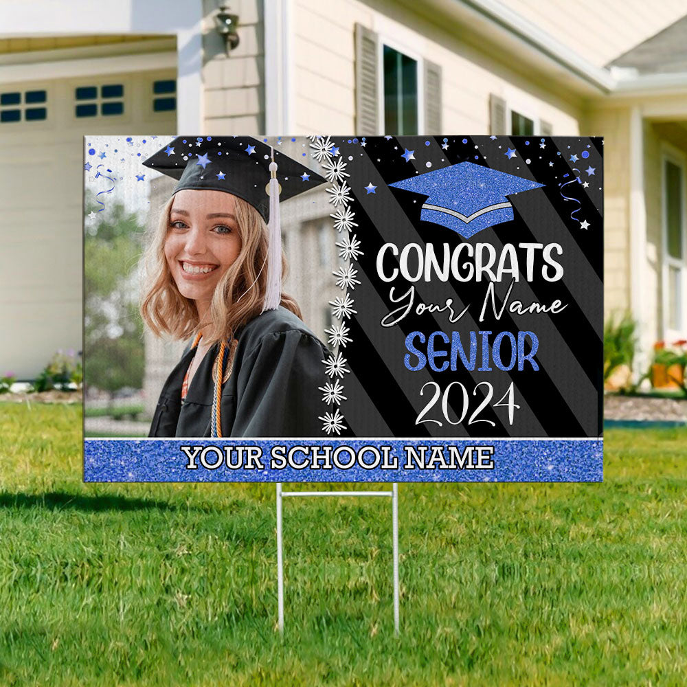Personalized 2024 Senior Photo Multicolor Glitter Yard Sign With Stake, Proud Graduation Decoration Gift AN