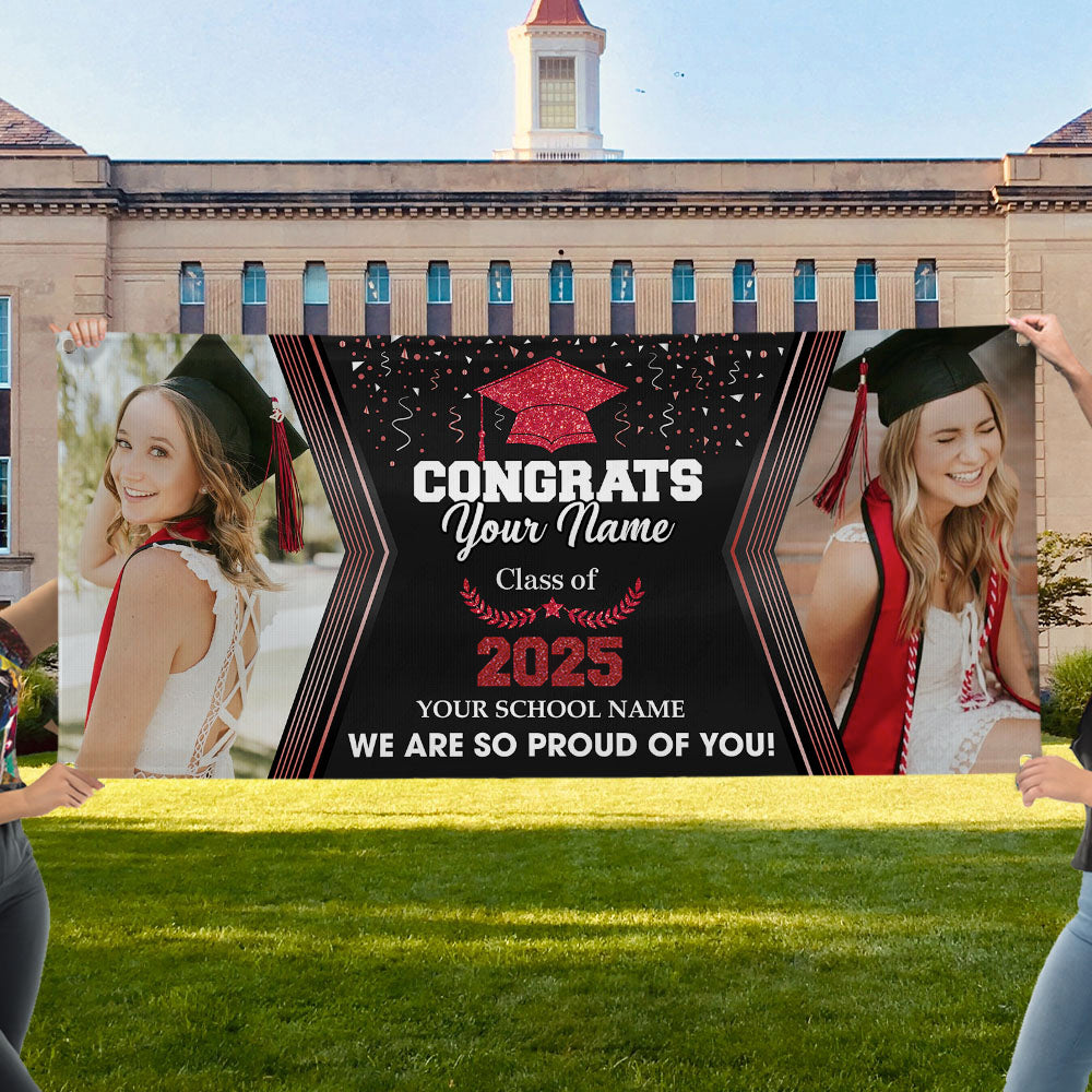 Gliltter Congrats Class Of 2025 Photo Personalized Banner, Graduation Decoration Gift