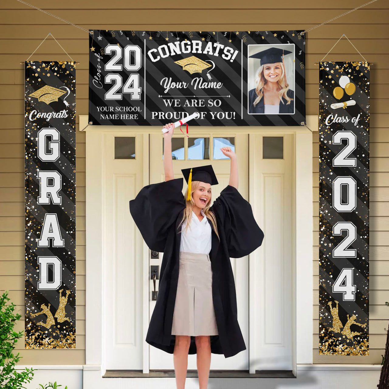 Custom Congrats Grad With Photo 3 Piece Set Graduation Banner, Graduation Gift FC