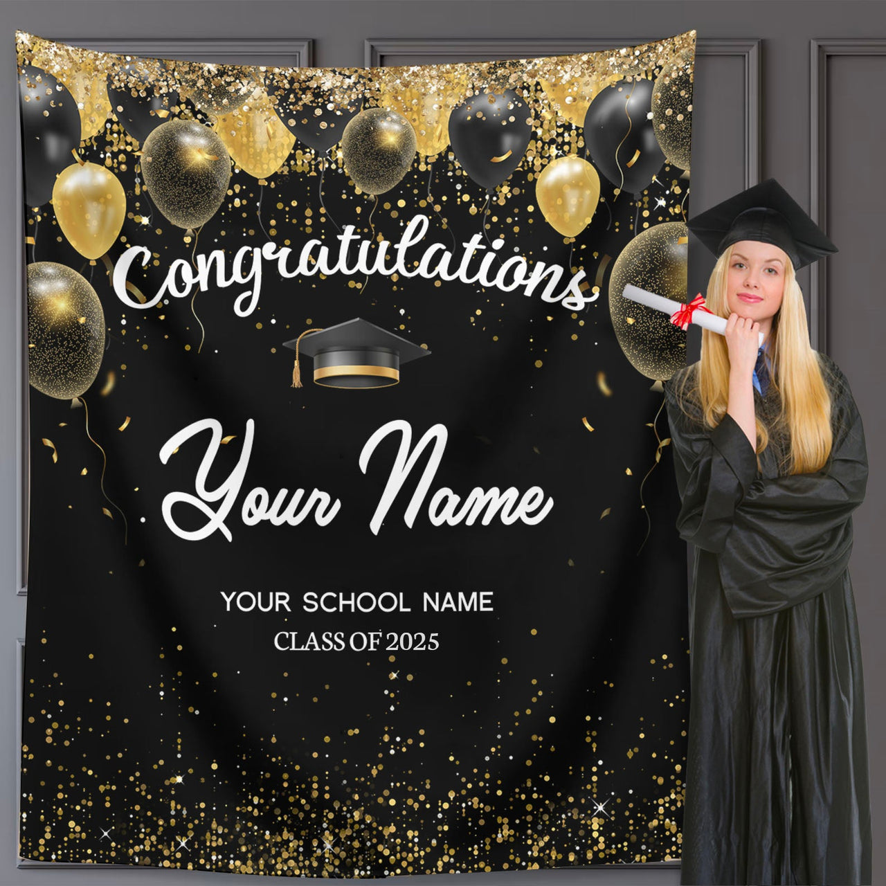 Custom Congratulations Glitter Balloons Graduation Backdrop, Graduation Party Decorations FC