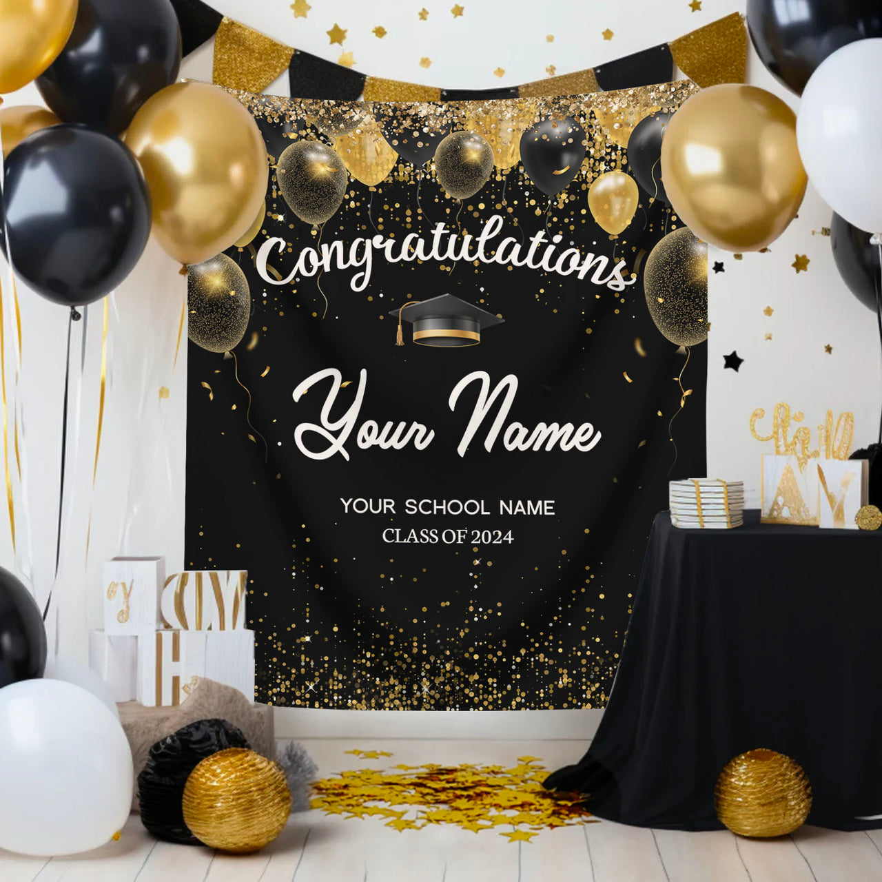 Custom Congratulations Glitter Balloons Graduation Backdrop, Graduation Party Decorations