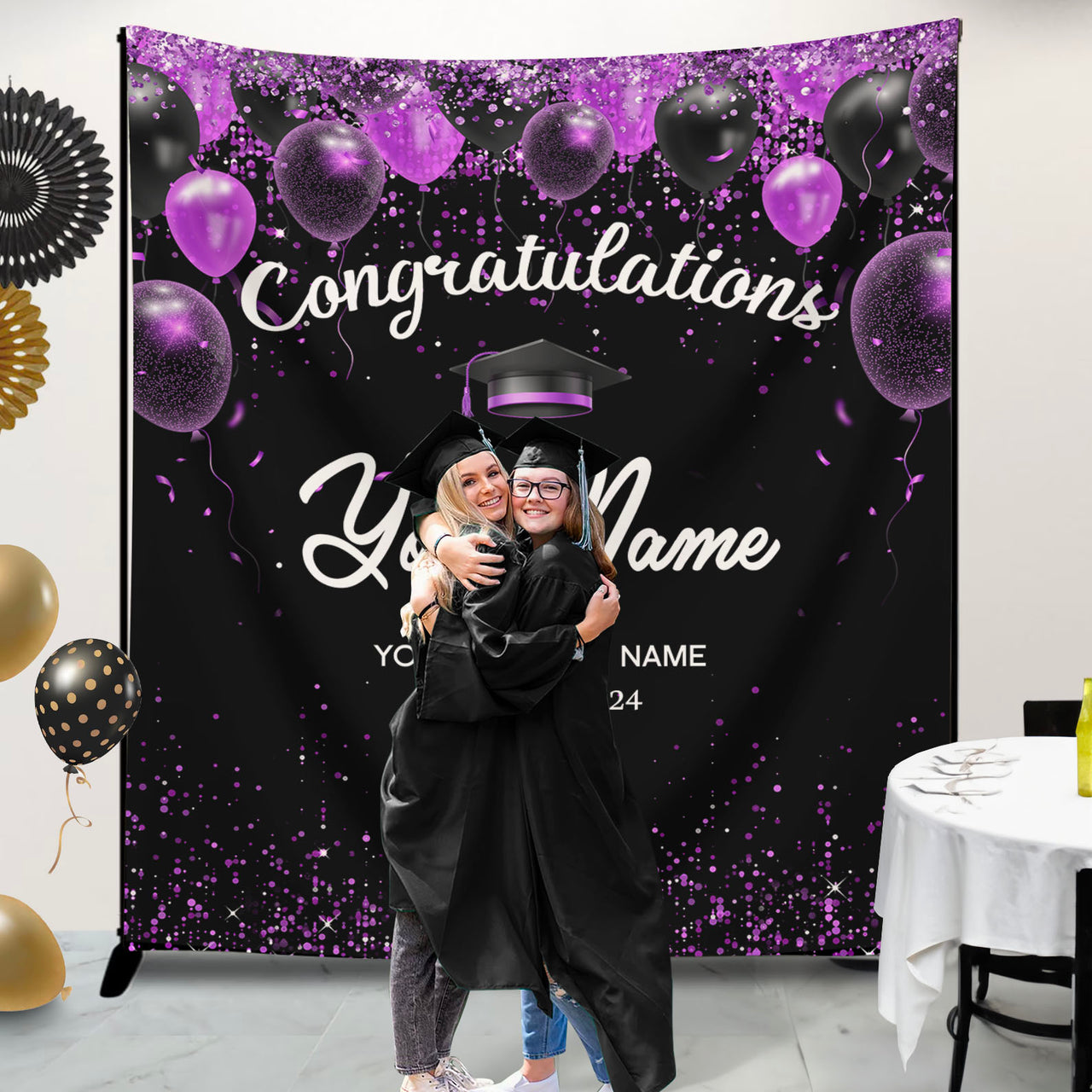 Custom Congratulations Glitter Balloons Graduation Backdrop, Graduation Party Decorations