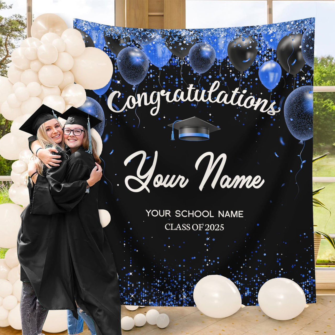 Custom Congratulations Glitter Balloons Graduation Backdrop, Graduation Party Decorations FC