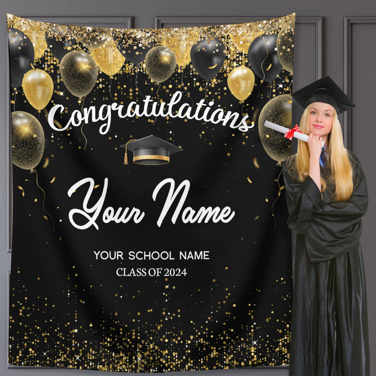 Custom Congratulations Glitter Balloons Graduation Backdrop, Graduation Party Decorations