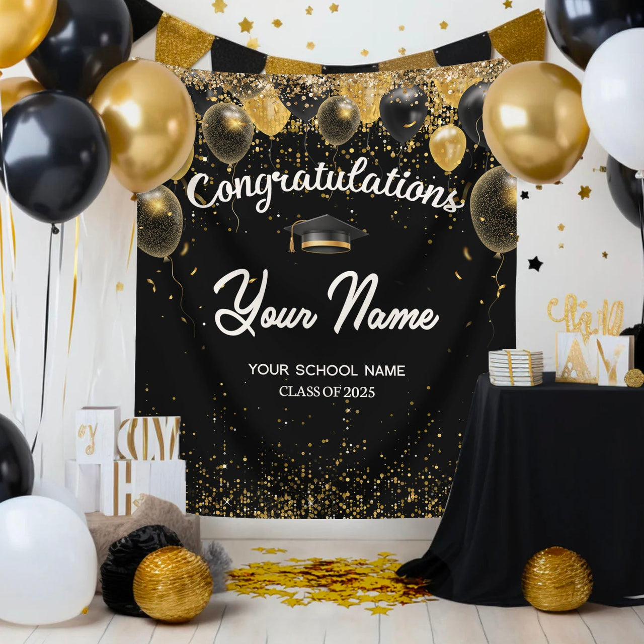 Custom Congratulations Glitter Balloons Graduation Backdrop, Graduation Party Decorations FC