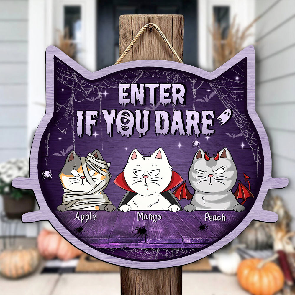 Personalized Cat Shaped Door Sign - Halloween Gift For Cat Lovers - Knock If You Dare AE