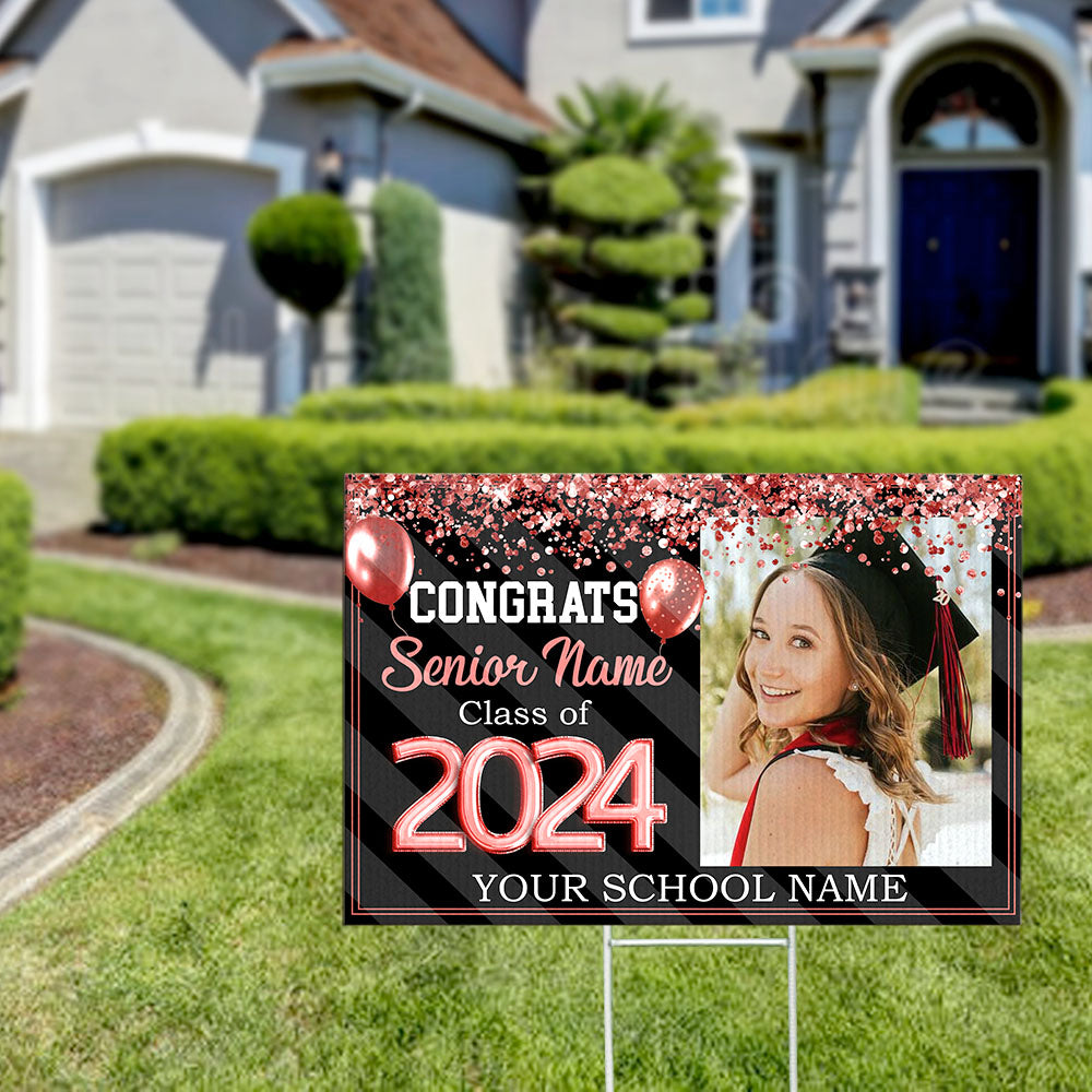 Personalized Congrats 2024 Senior Photo Multicolor Glitter Balloon Yard Sign With Stake, Graduation Decoration Gift AN