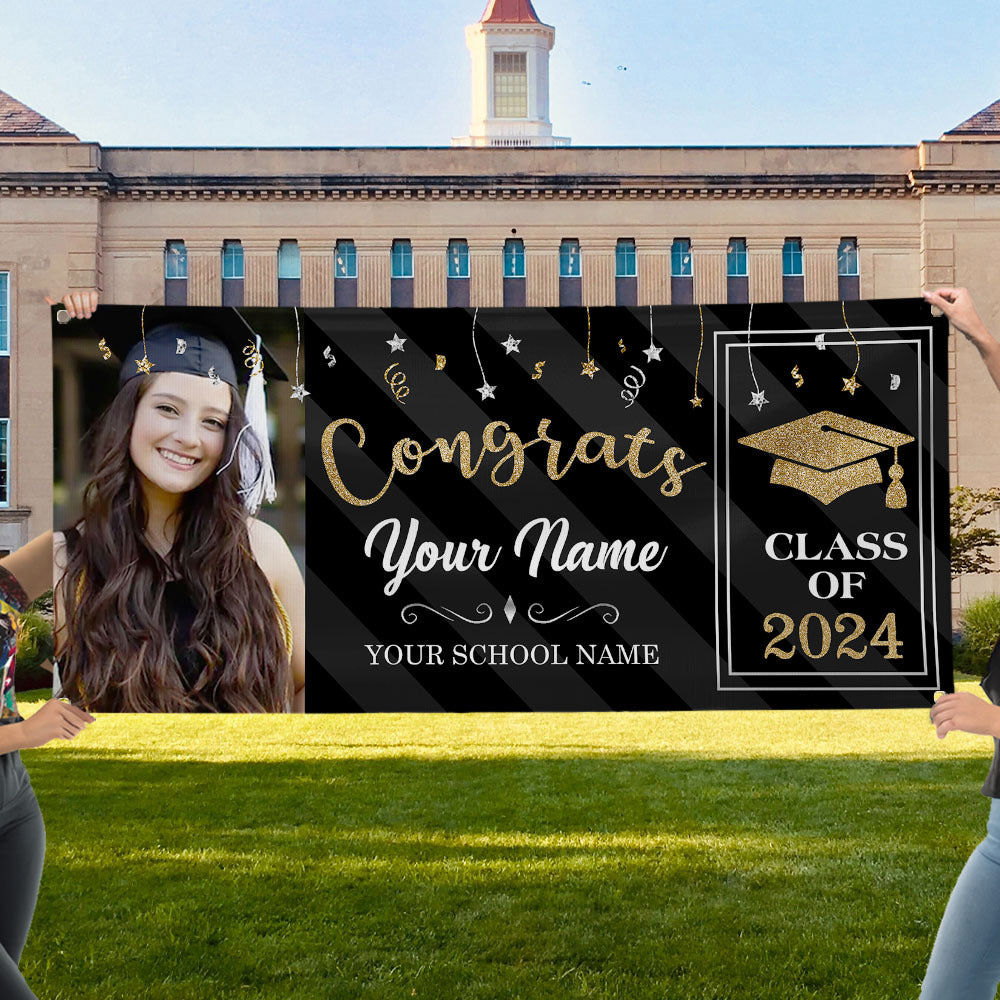 Custom Graduation 2024 Banner with Glitter Photo - Graduation Gift