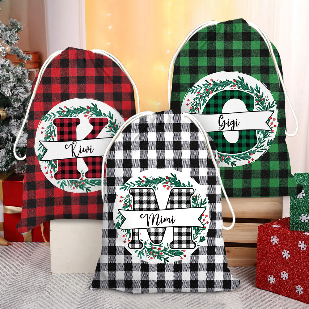 Custom Buffalo Plaid With Monogram Family Santa Sack, Christmas Gift AB