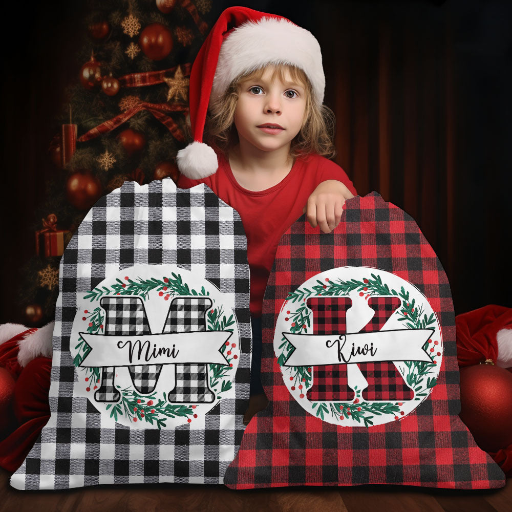 Custom Buffalo Plaid With Monogram Family Santa Sack, Christmas Gift AB